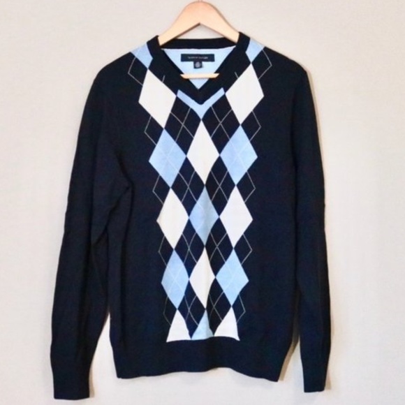 Tommy Hilfiger Navy Blue Argyle V-Neck Sweater - Picture 1 of 4